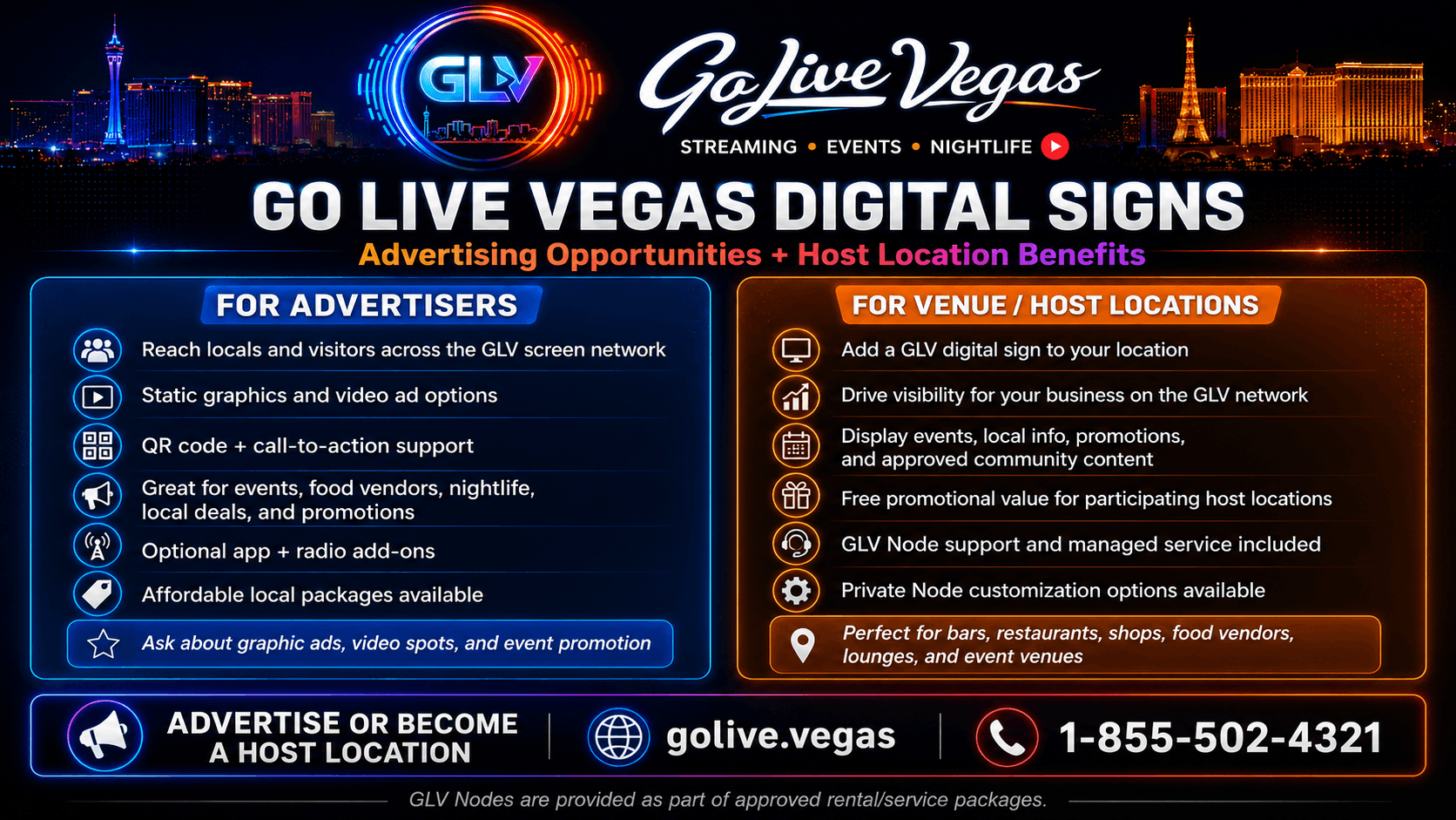 Go Live Vegas digital signs for advertisers and host locations