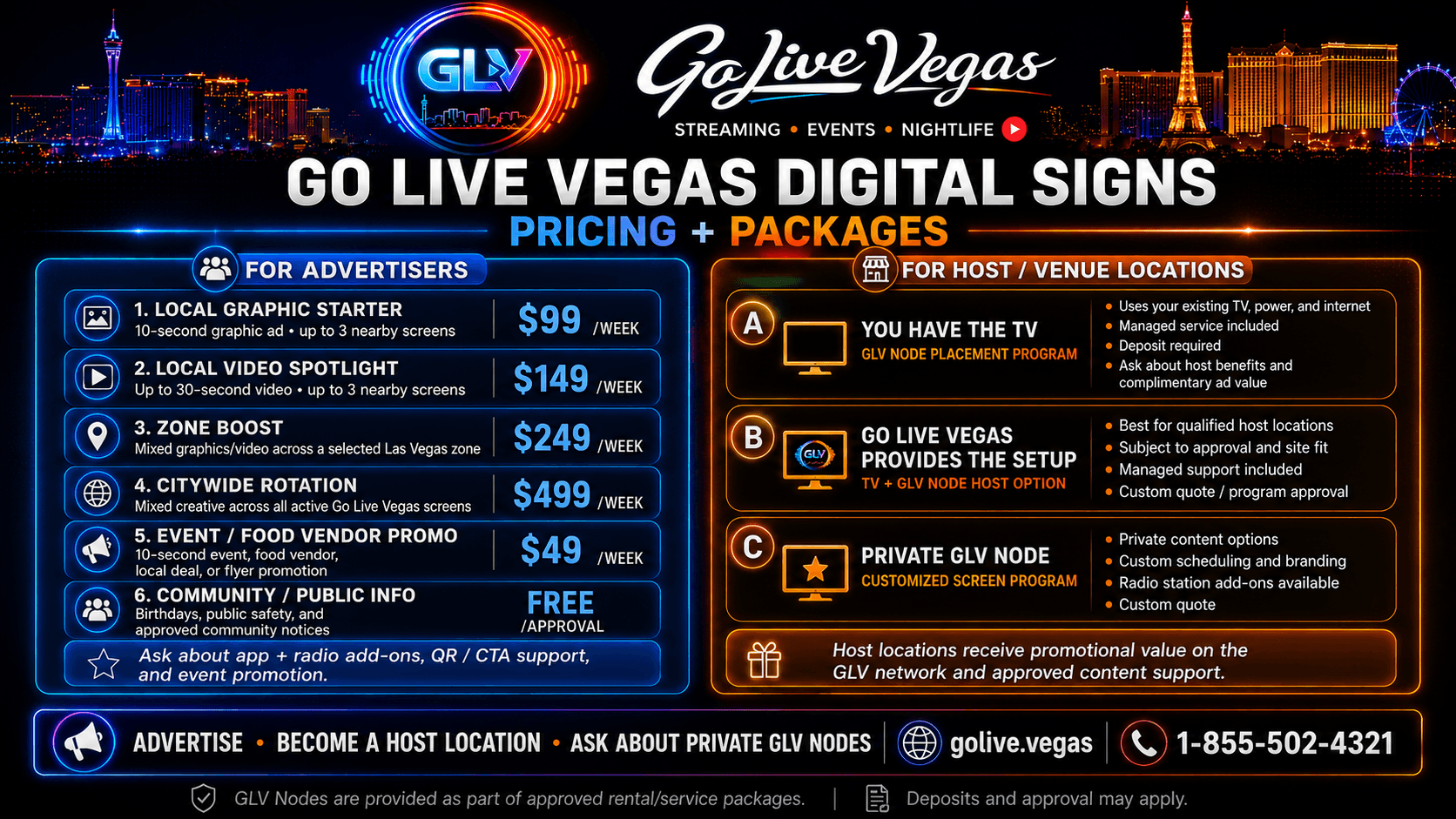 Go Live Vegas digital signage pricing and host location options