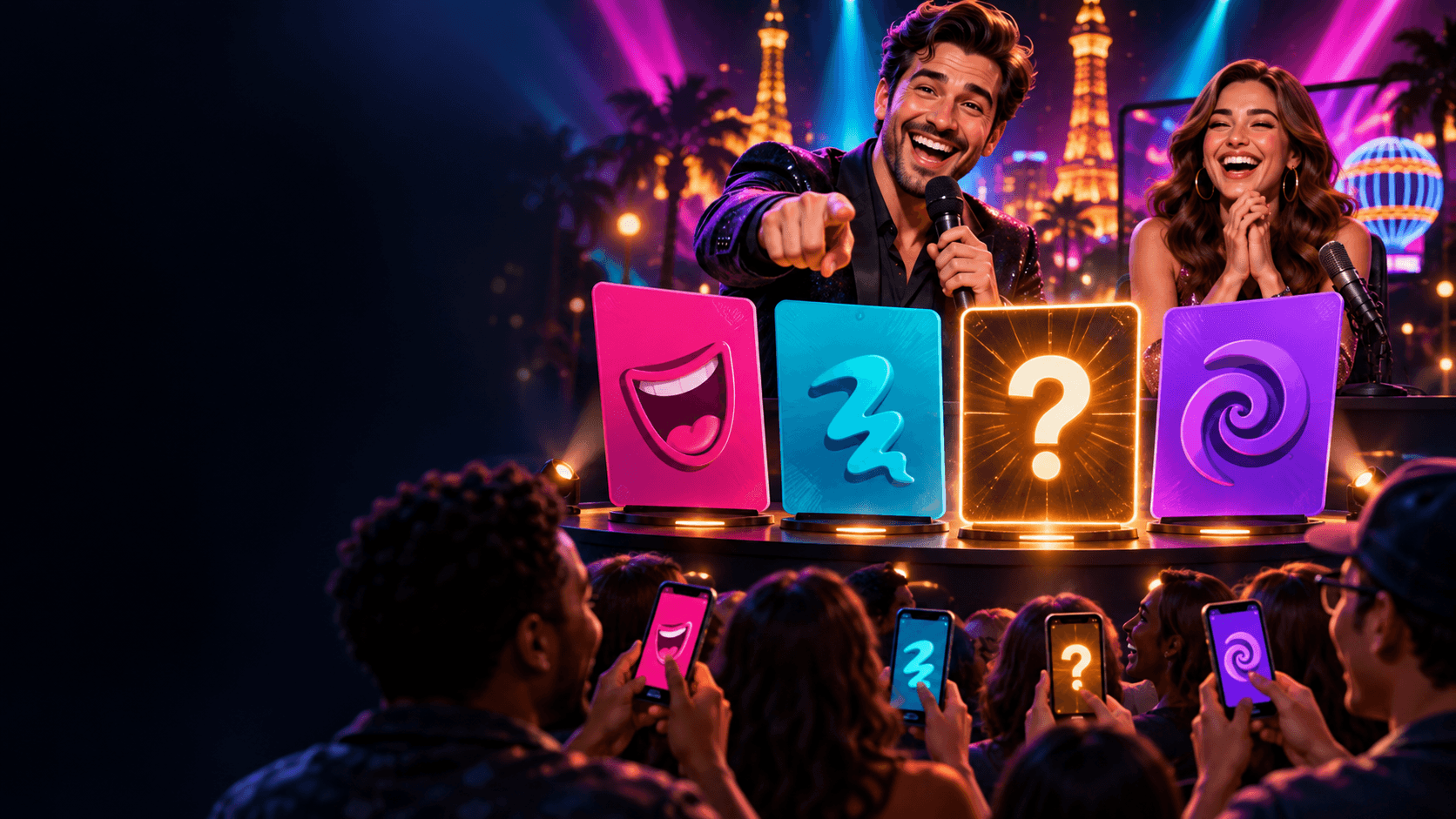 Illustration of a comedy reveal game with host, cohost, and audience choices