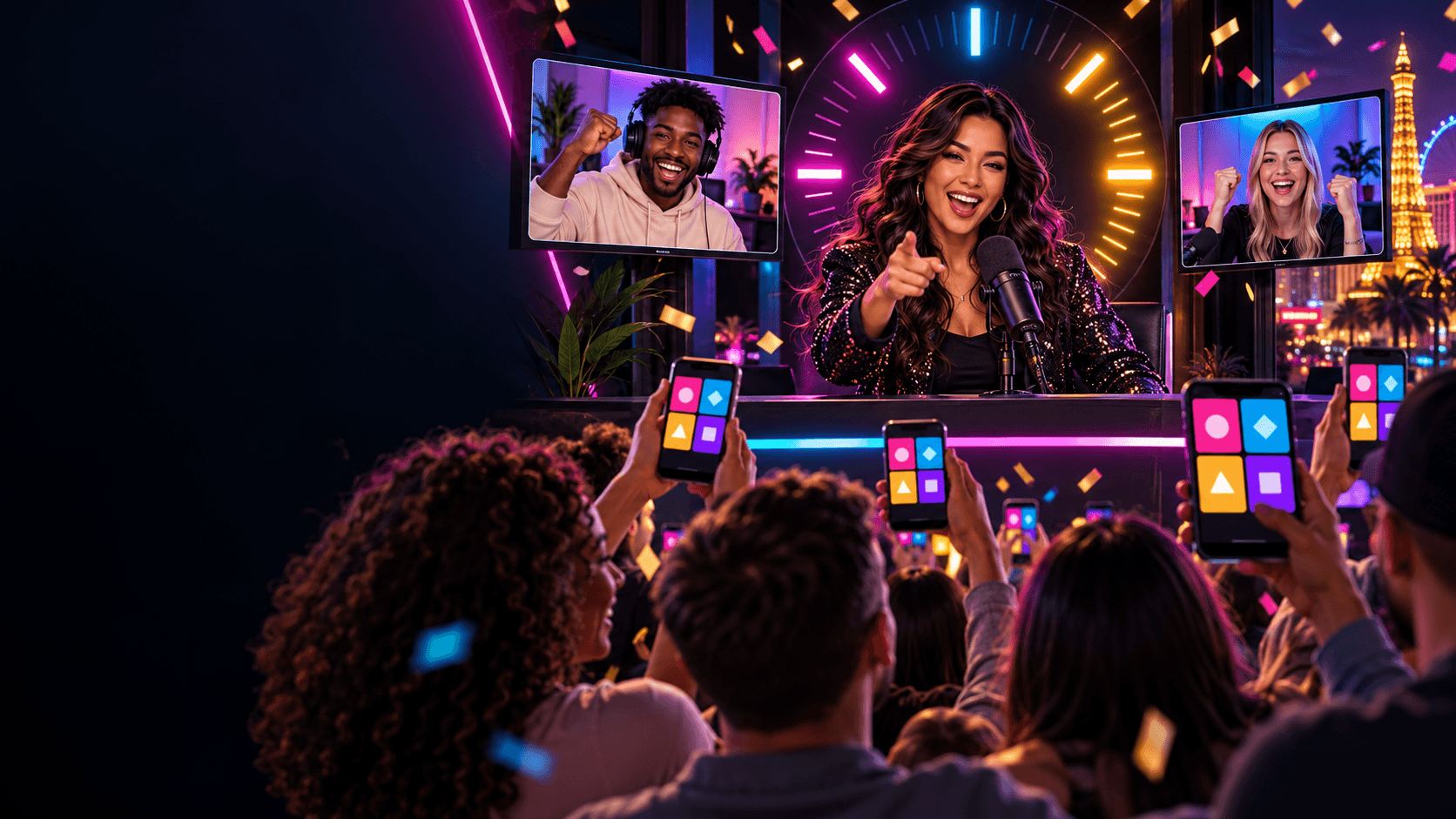 Illustration of a LIVE trivia host, cohosts, and audience playing on phones