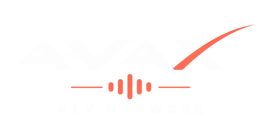 Ava-X logo: the word AVAX with a coral arc and audio bars, labeled GLV Network