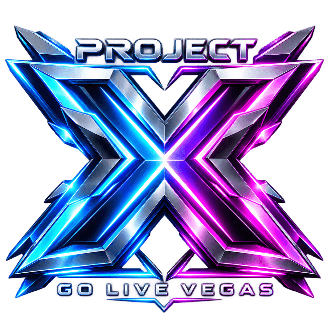 Project-X logo: a metallic X with the words Project and Go Live Vegas
