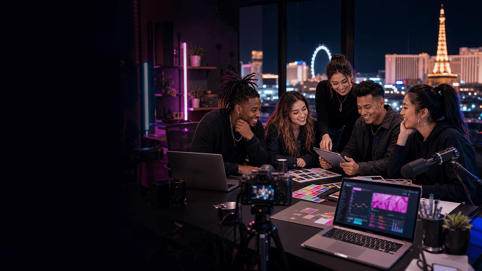 Creators and business owners planning content with a media production team in a Las Vegas studio