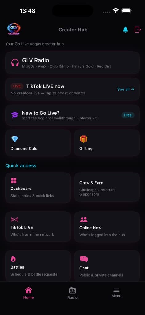 Licensed creator hub mobile app home screen