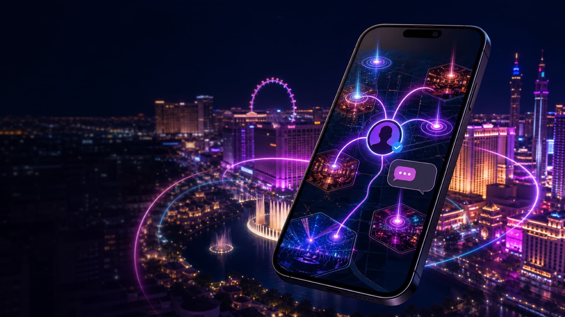 A phone displaying a glowing Vegas hotspot map connected to a verified promoter