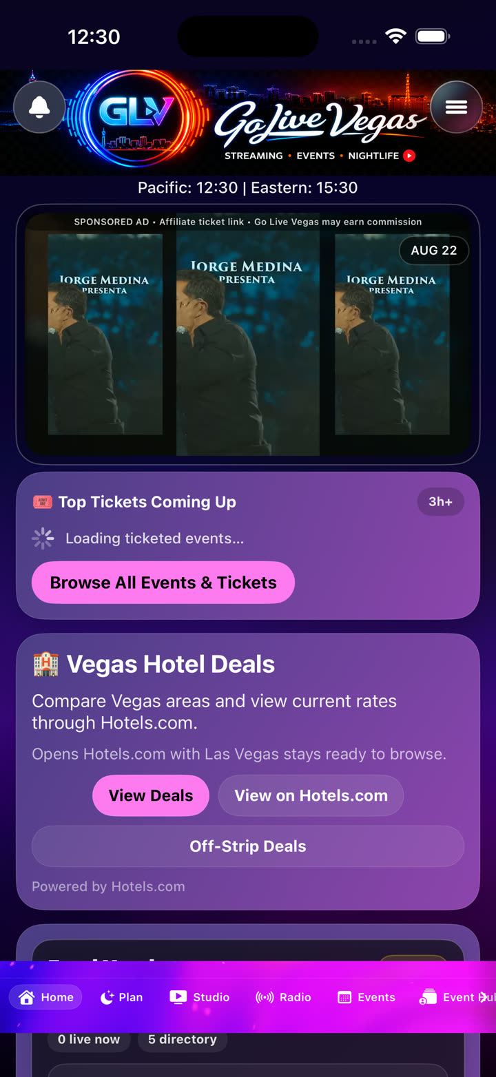 Go Live Vegas app home screen showing a sponsored ad placement above tickets and hotel deals.