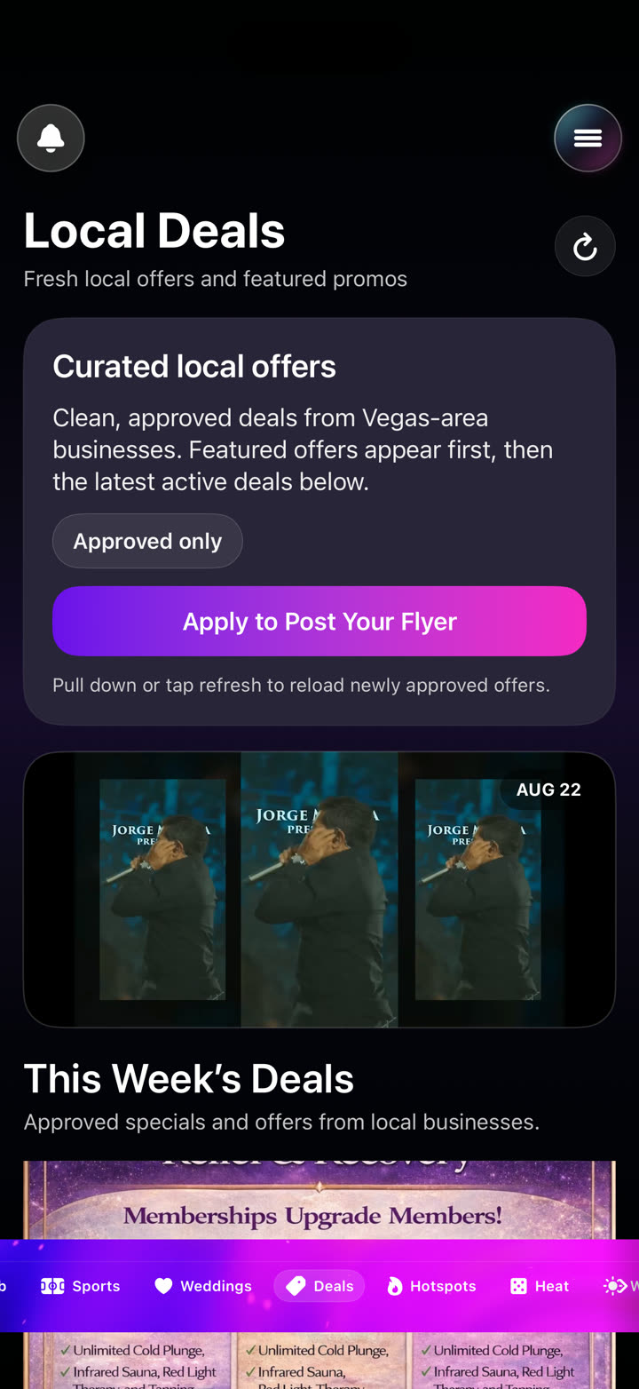 Go Live Vegas Local Deals screen showing curated local offers, flyer placement, and active deals.