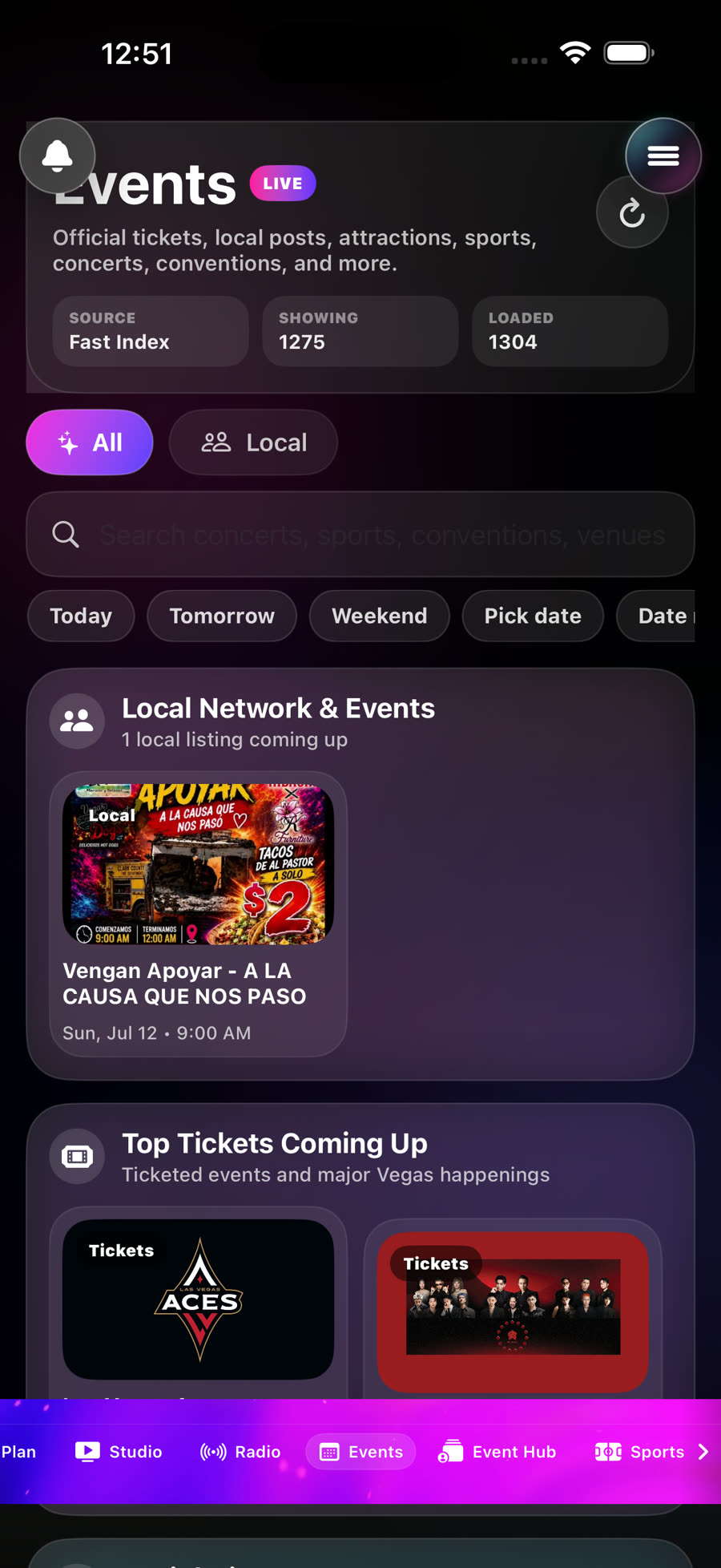 Go Live Vegas Events screen showing Local Network and Events plus ticket cards.
