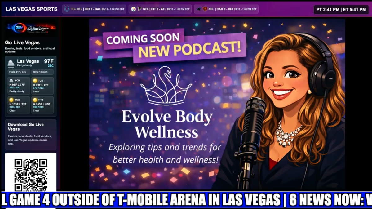 Go Live Vegas public digital sign example promoting the Evolve Body Wellness podcast.