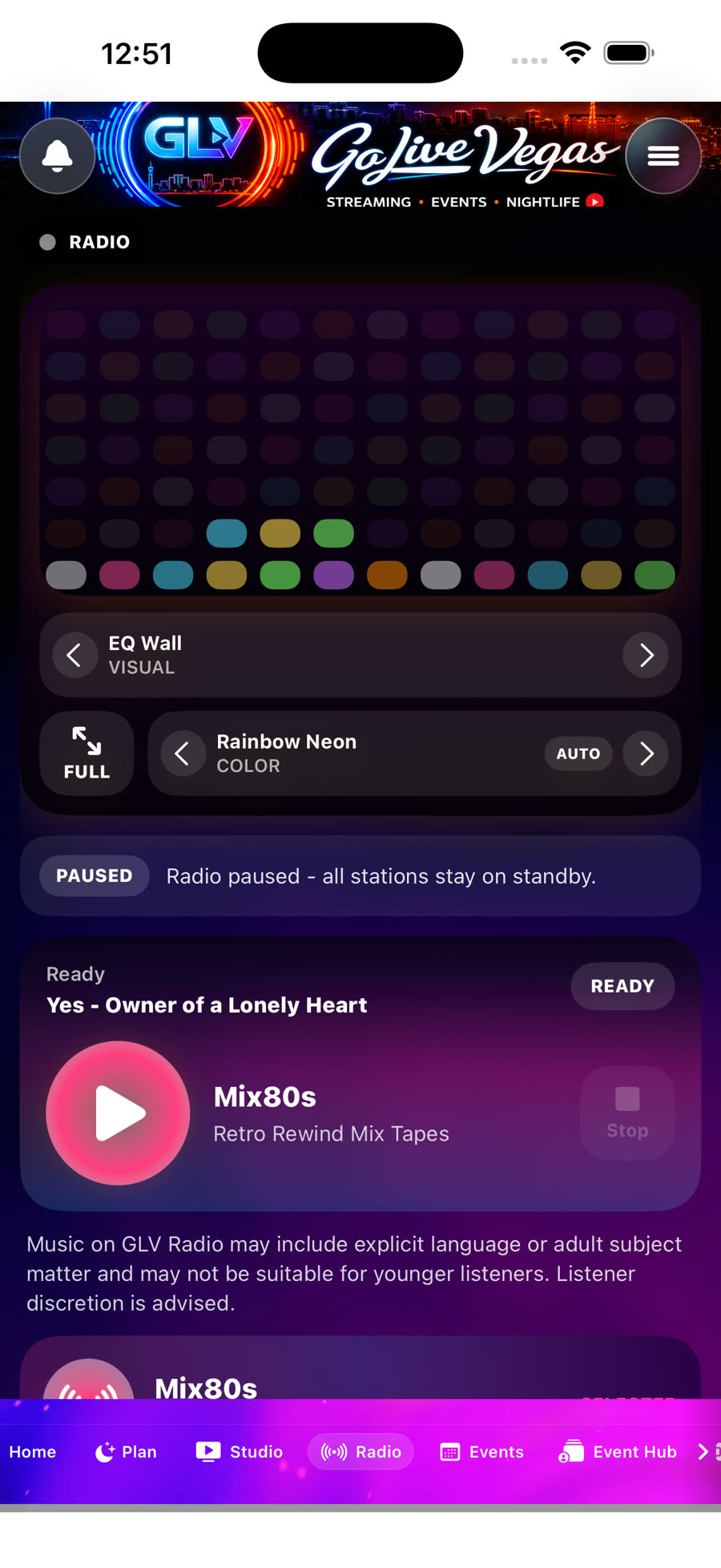 Go Live Vegas Radio screen showing station controls and listener surface.