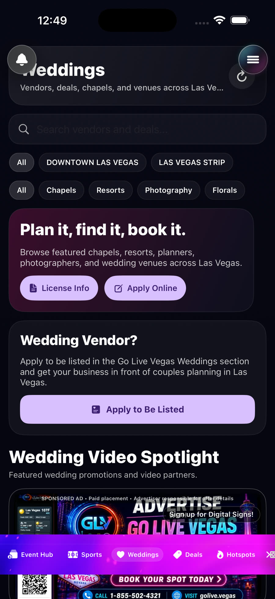 Go Live Vegas Weddings screen showing wedding vendor discovery and apply-to-be-listed call to action.